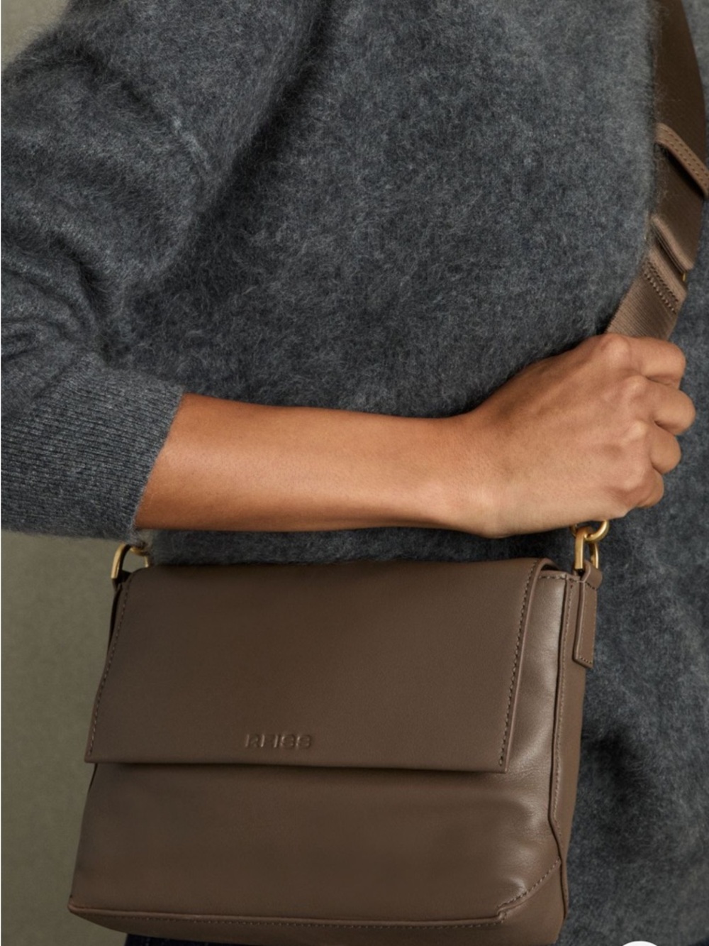 Reiss Selena Leather Flap Crossbody Bag in Taupe